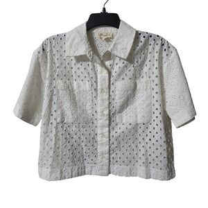 Marled White Eyelet Cotton Short Sleeve Button Down Shirt Boho Cropped Size S
